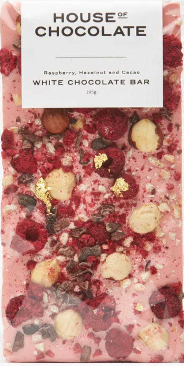 House of Chocolate -  Freeze Dried Raspberry, Hazelnut & Cacao Nib White Chocolate Bar
